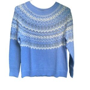 Talbots Blue Fair Isle Sweater with Silver Sequins Size Medium Petite